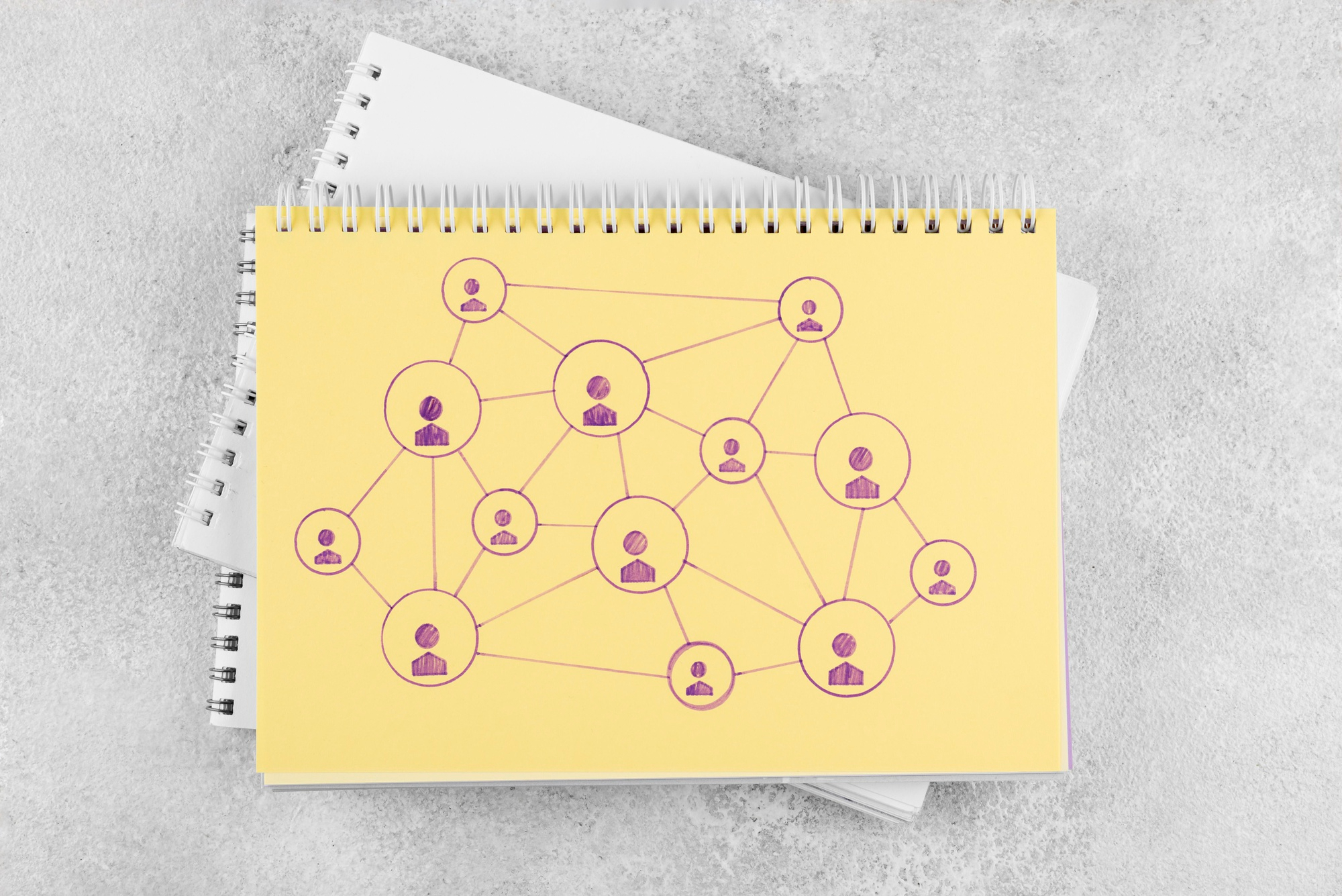 Hand-drawn diagram of an agent network on a yellow notebook, symbolizing our nationwide agent connections