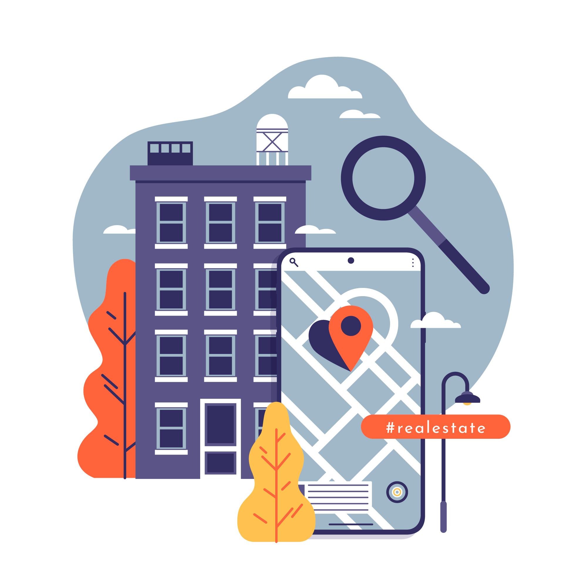 Digital illustration showing property search technology with building, smartphone map, and location targeting