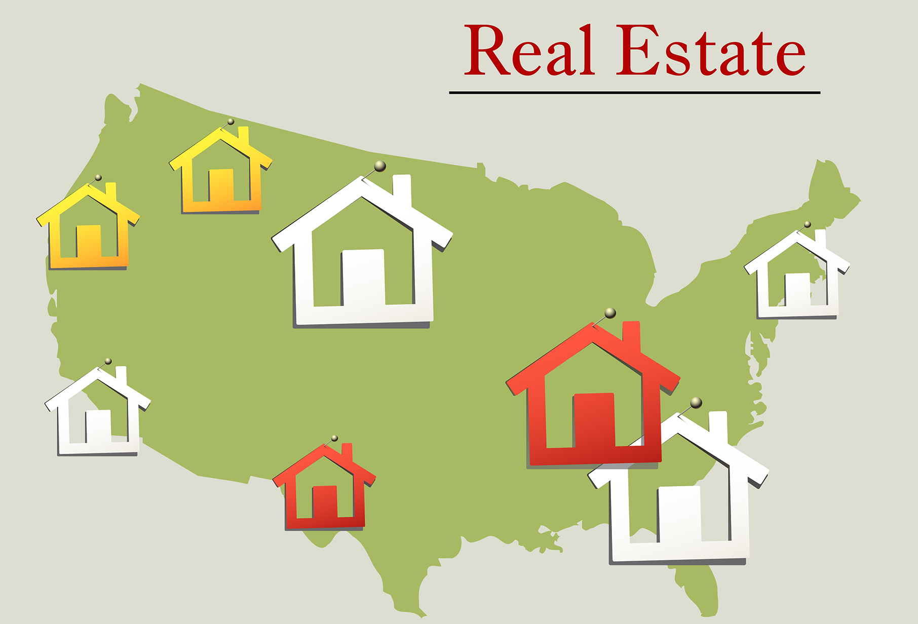 Map of USA with house icons representing nationwide real estate network